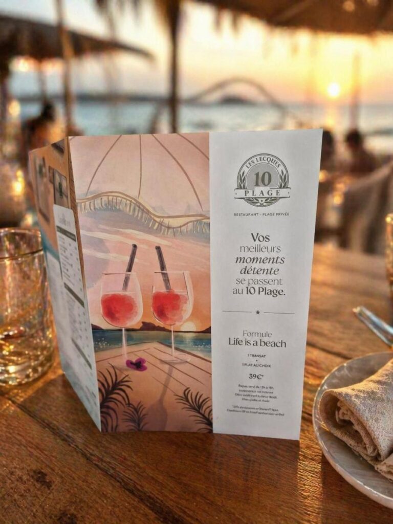 Menus restaurant Saint-Cyr-sur-Mer 83270 – impression sur papier 350 g couché demi-mat pour plage privée Le 10 Plage.
