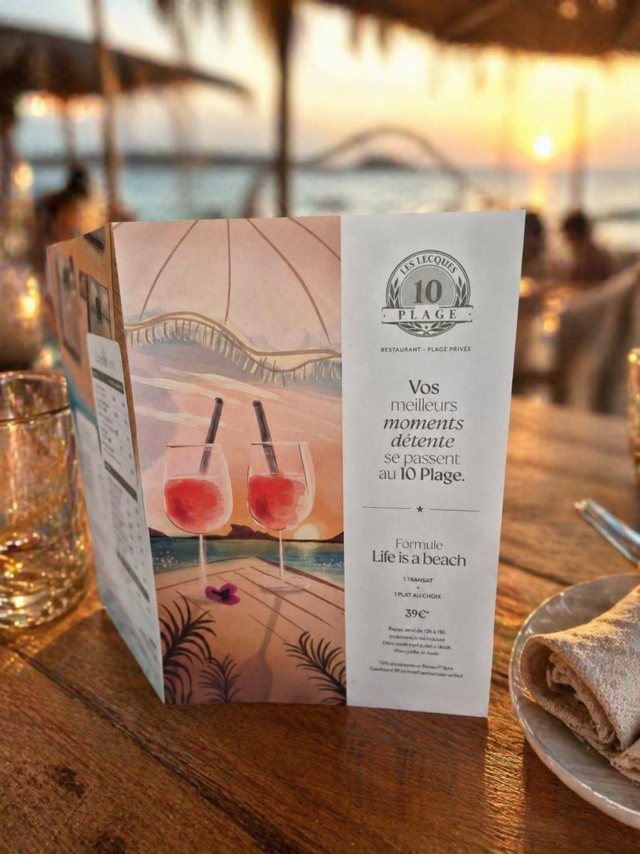 Menus restaurant Saint-Cyr-sur-Mer 83270 – impression sur papier 350 g couché demi-mat pour plage privée Le 10 Plage.