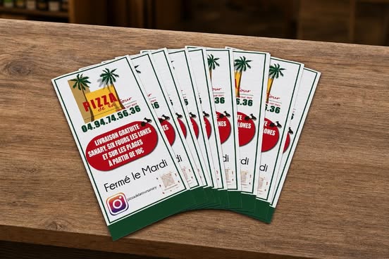 Dépliant publicitaire pour pizzeria et restauration locale